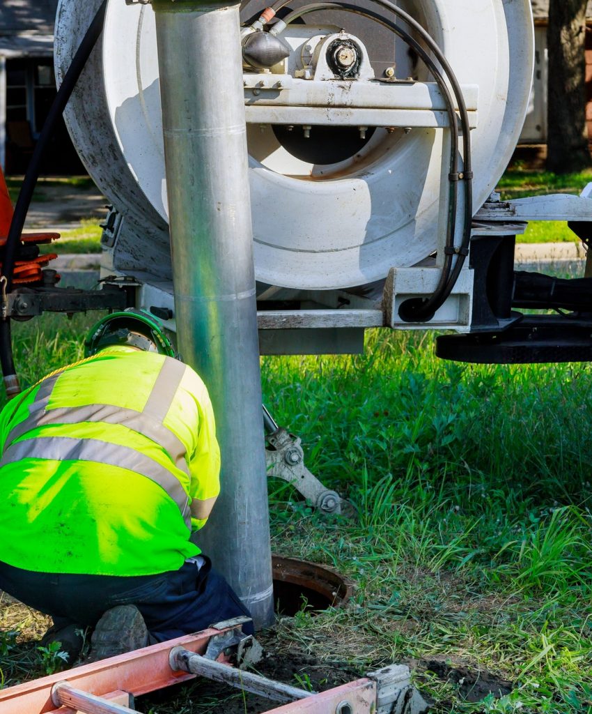 Sewage industrial cleaning truck clean blockage in a sewer line machine from the inside.