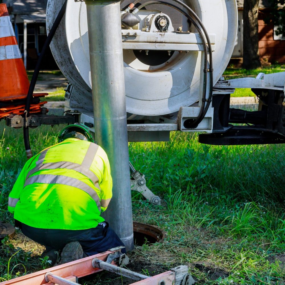 Sewage industrial cleaning truck clean blockage in a sewer line machine from the inside.